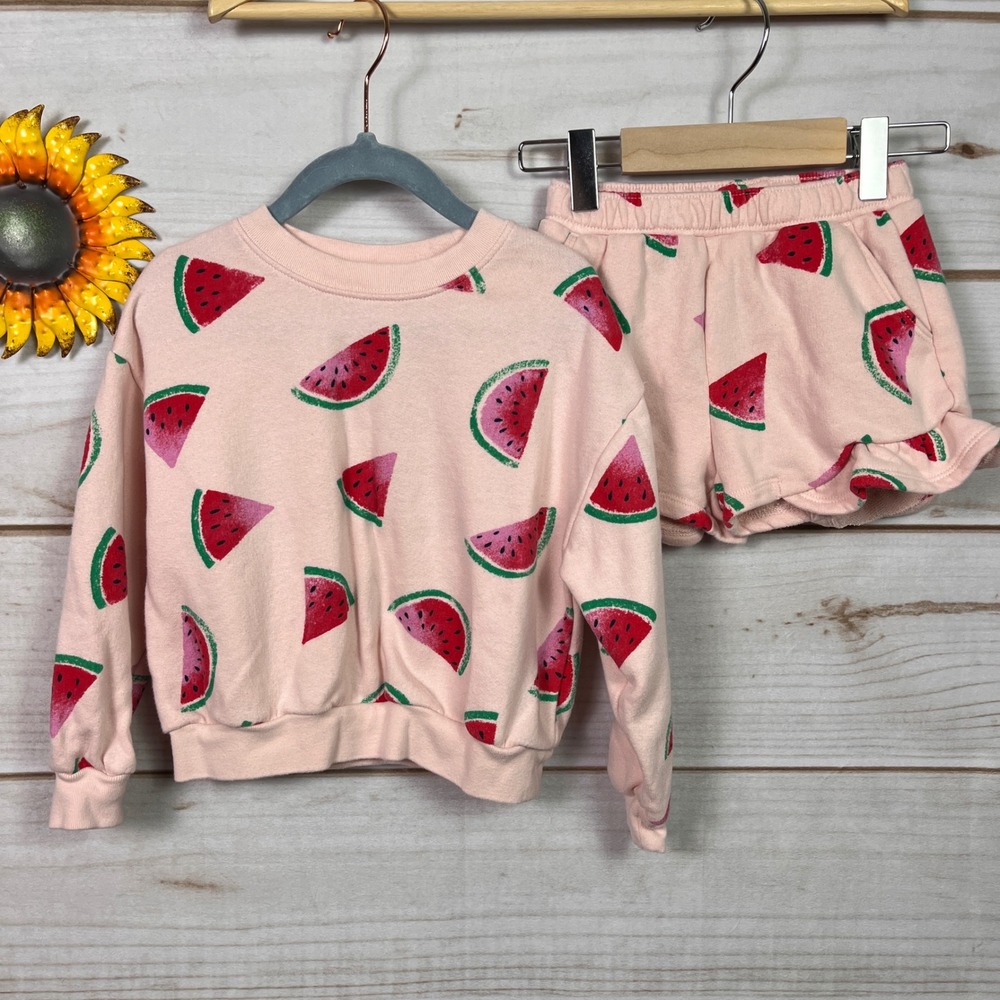 Baby GAP Pink Watermelon Print Sweatshirt Ruffle Shorts Set 3T